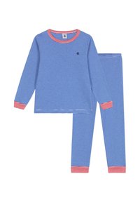 Pigiama a righe blu e bianche con maniche lunghe e pantaloni; bordo rosso sul colletto e sui polsini; tessuto morbido; piccolo logo sulla maglietta.