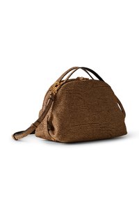 Brown textured handbag with a rounded shape, golden hardware, and contrast black shoulder strap. Zipper opening and short handles.