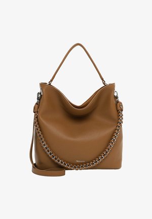 Braune Leder-Hobo-Tasche mit strukturiertem Finish, ausgestattet mit einer geschwungenen Oberseite, einem massiven Kettenakzent und einem verstellbaren Riemen.