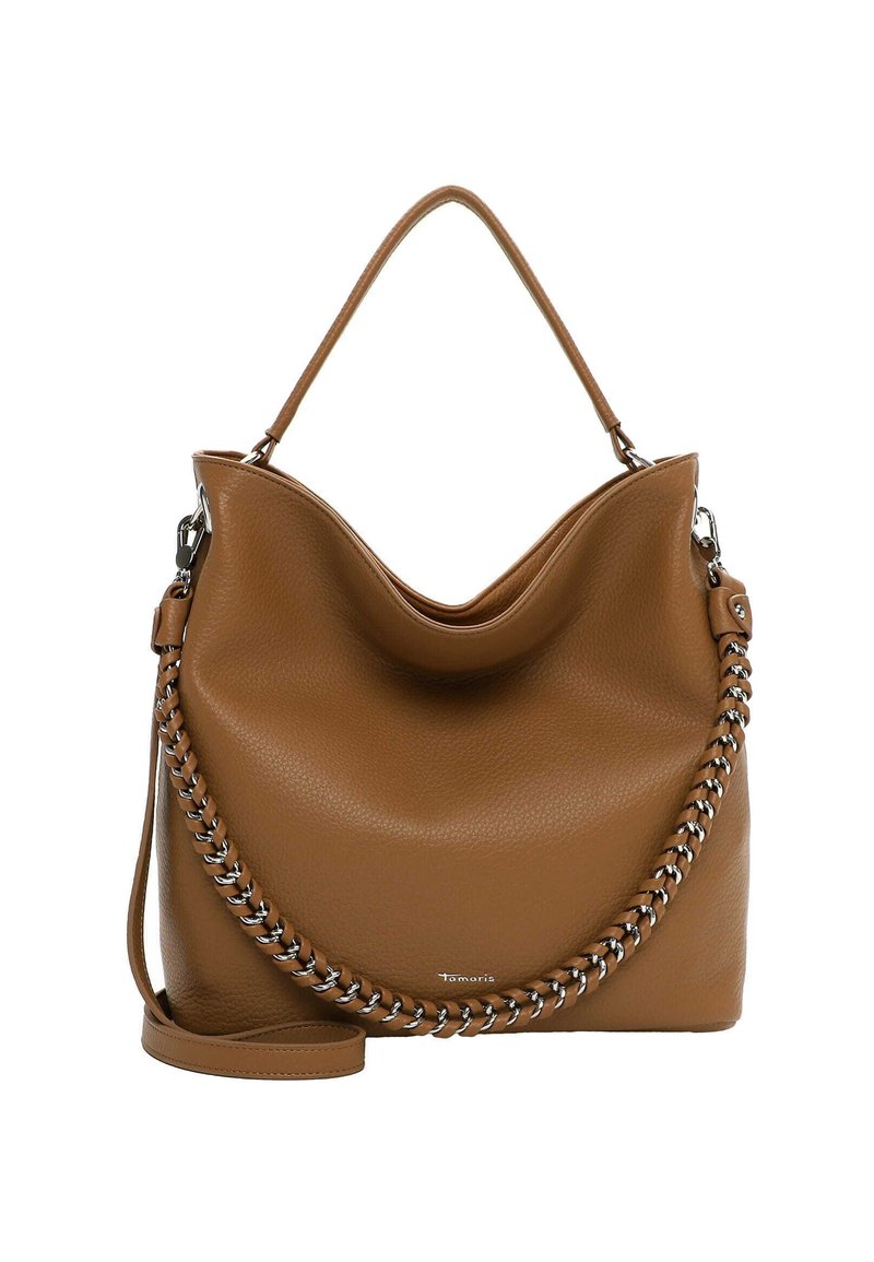 Brązowa torebka hobo ze skóry o fakturowanym wykończeniu, z zaokrąglonym wierzchem, masywnym łańcuszkowym akcentem oraz regulowanym paskiem.