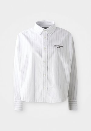 Chemise blanche à manches longues avec des rayures verticales grises, col button-down et logo sur la poitrine gauche. Tissu doux avec une coupe décontractée.