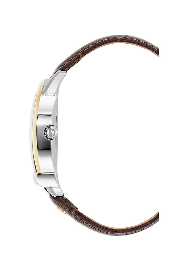 Silberfarbige Uhr mit einem glatten, runden Gehäuse und einem braunen Lederarmband mit einem strukturierten Krokodilmuster. Minimalistisches gelbes Akzentdetail.