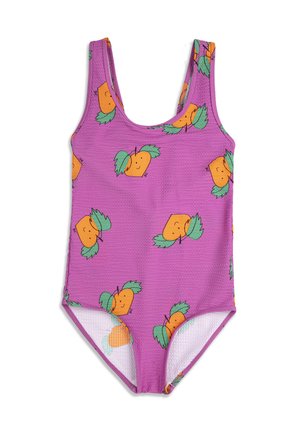 Costume intero viola con tessuto testurizzato, caratterizzato da un motivo di frutti arancioni sorridenti con foglie verdi.