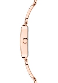 Roségoldene Metalluhr mit rechteckigem Gehäuse, weißem Zifferblatt und dekorativer Krone. Das Armband verfügt über glatte, geschwungene Glieder.