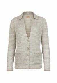 Beżowy sweter z dzianiny z dekoltem w serek, zapinany na guziki, z dwiema naszytymi kieszeniami i fakturowanym splotem. Posiada kołnierz i długie rękawy.