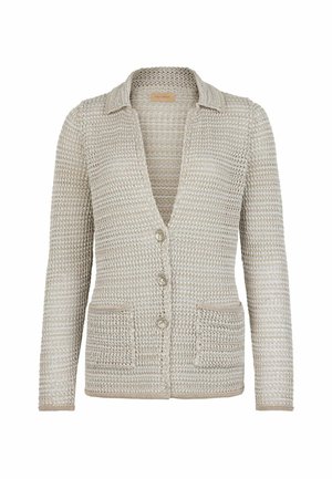 Beige stickad cardigan med V-ringning, knappstängning, två påsydda fickor och en strukturerad väv. Har en krage och långa ärmar.