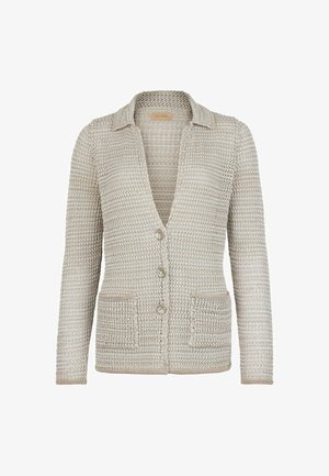 Beige stickad cardigan med V-ringning, knappstängning, två påsydda fickor och en strukturerad väv. Har en krage och långa ärmar.