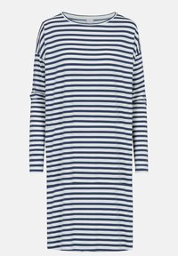 Abito a righe navy e bianche con maniche lunghe, scollatura rotonda e vestibilità ampia. Realizzato in un tessuto morbido e leggero.