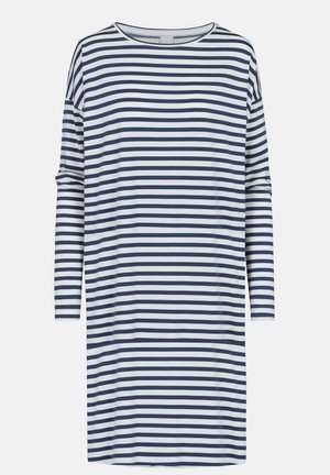 Abito a righe navy e bianche con maniche lunghe, scollatura rotonda e vestibilità ampia. Realizzato in un tessuto morbido e leggero.