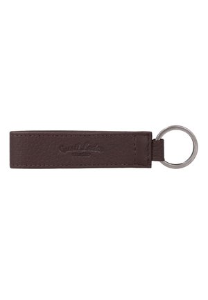 Dunkelbrauner Leder-Schlüsselanhänger mit sichtbaren Nähten und einem silbernen Schlüsselring an einem Ende.