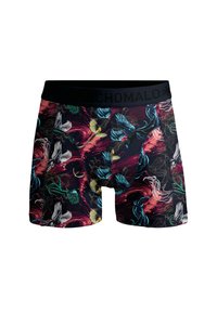 Boxer shorts in a black and colorful design featuring floral patterns, birds, and swirls, with a black elastic waistband.