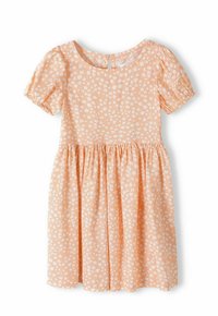Pfirsichfarbenes Kleid mit kurzen Puffärmeln, weißem Blumendruck, rundem Hals und geraffter Taille. Weicher Stoff mit leichter Textur.