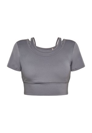 Szürke rövidujjú cropped top sima, elasztikus anyagból. Rövid ujjak, kerek kivágás és rétegezett pántok találhatók a vállaknál.