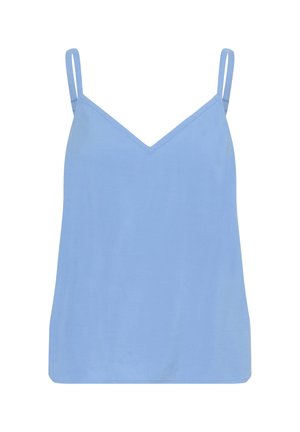 Jasnoniebieska bluzka bez rękawów z cienkimi ramiączkami, w dekolcie w kształcie litery V, wykonana z gładkiego materiału, o luźnym kroju i prostym wykończeniu dołu.
