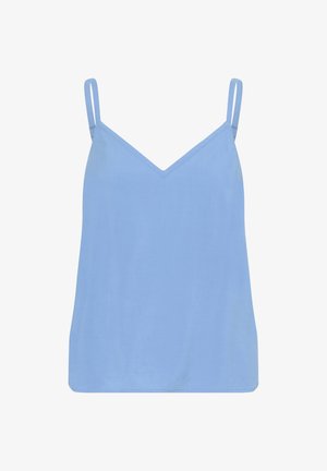 Jasnoniebieska bluzka bez rękawów z cienkimi ramiączkami, w dekolcie w kształcie litery V, wykonana z gładkiego materiału, o luźnym kroju i prostym wykończeniu dołu.