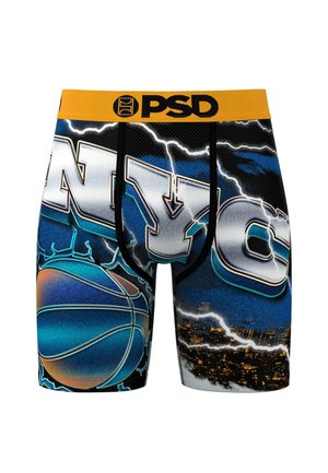 Herren Boxer Shorts mit einem auffälligen NYC-Grafikdruck, in Blau, Schwarz und Weiß, mit einem orangefarbenen Basketball und einem gelben elastischen Bund.