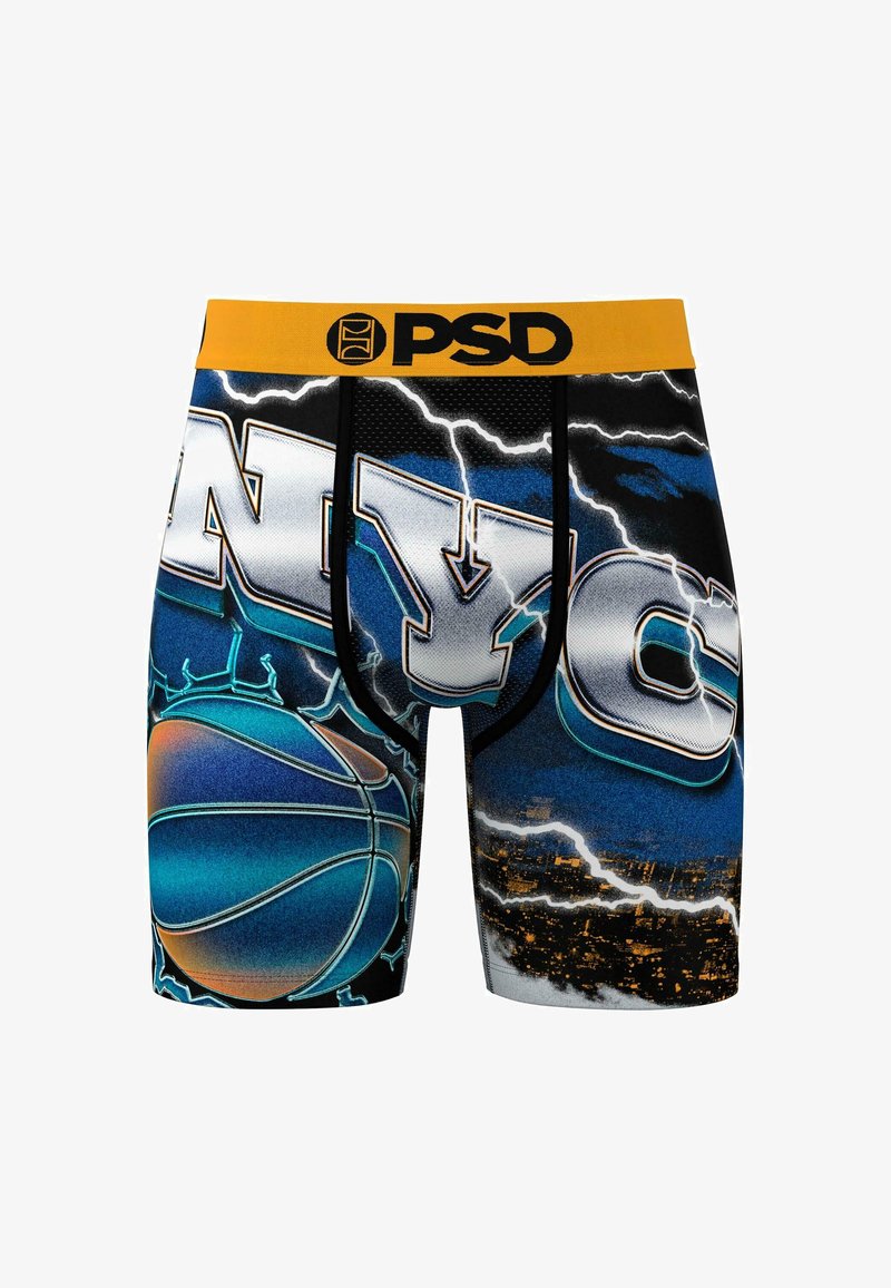 Moške bokserice z drzno grafično tiskano podobo NYC, v modri, črni in beli barvi, z oranžno košarko in rumenim elastičnim pasom.