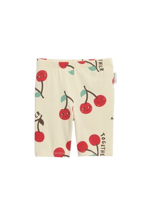 Kinder-cremefarbene Shorts mit roten Kirschmustern mit lächelnden Gesichtern und grünen Blättern sowie teilweisem „together“-Text.