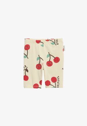 Kinder-cremefarbene Shorts mit roten Kirschmustern mit lächelnden Gesichtern und grünen Blättern sowie teilweisem „together“-Text.