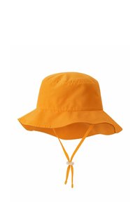 Pomarańczowa czapka typu bucket z tkaniny, z szerokim rondem, regulowanym paskiem na brodzie i gładką strukturą. Prosty design, bez wzorów czy akcentów.