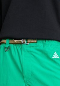 Pantaloni scurți verzi, fabricați dintr-un material ușor, au o curea din plasă aurie, accesorii argintii și un mic logo alb pe o parte. Textură netedă.