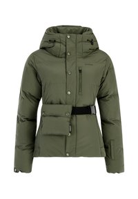 Olijfgroene geïsoleerde jas met een capuchon, drukknoopsluiting en een voorzak. Kenmerkt zich door een ceintuur in de taille en een zachte, geborduurde textuur.