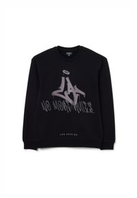 Felpa nera in cotone, con una grafica frontale in stile spray grigio con il testo "LA" e "NO MORE RULES," e polsini a coste.