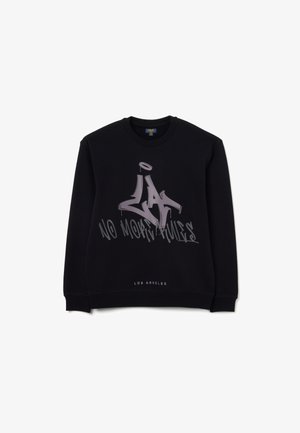 Felpa nera in cotone, con una grafica frontale in stile spray grigio con il testo "LA" e "NO MORE RULES," e polsini a coste.