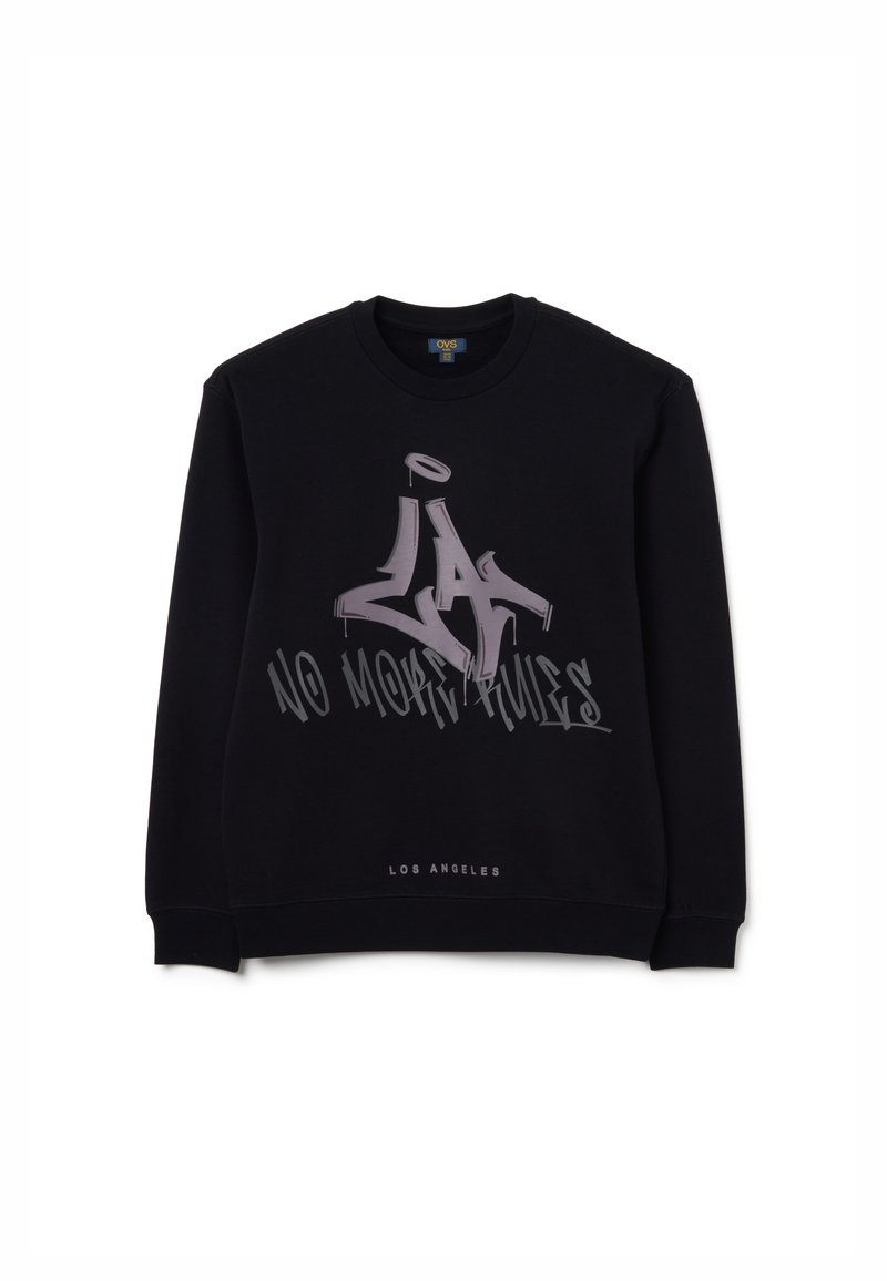 Felpa nera in cotone, con una grafica frontale in stile spray grigio con il testo "LA" e "NO MORE RULES," e polsini a coste.