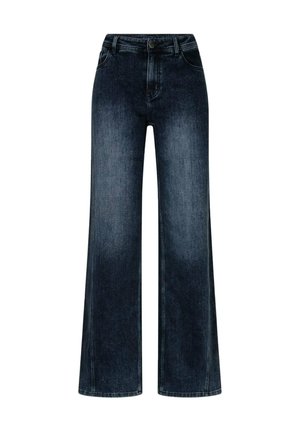 Donkergewassen jeans met wijde pijpen, hoge taille, knopen aan de voorkant, ritssluiting en voor- en achterzakken.