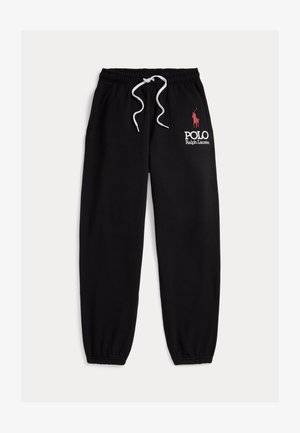 Fekete melegítőnadrág húzózsinóros derékkal, rugalmas mandzsettákkal és egy piros "Polo Ralph Lauren" logóval a bal felső combon. Simább tapintású anyag.