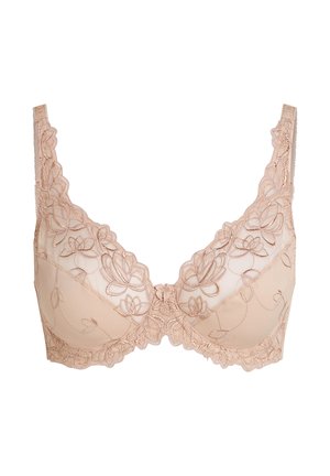 Beiger Spitzen-BH mit Blumenstickerei, verstellbaren Trägern und Bügelunterstützung, gestaltet für Komfort und Stil.