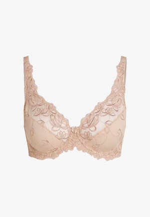 Beiger Spitzen-BH mit Blumenstickerei, verstellbaren Trägern und Bügelunterstützung, gestaltet für Komfort und Stil.