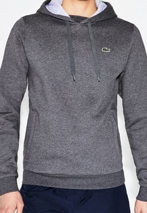 Sudadera con capucha gris con bolsillo canguro, cordones y un logo bordado verde. Cuenta con un forro interior de la capucha en gris claro a contraste.