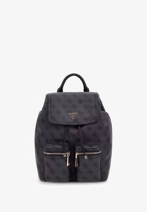 Schwarzer Textil-Rucksack mit strukturiertem Design, dreieckigem Logo, zwei vorderen Reißverschlussfächern und einem Tragegriff für einfaches Tragen.