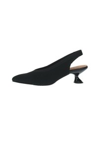 Scarpa slingback nera realizzata in tessuto testurizzato, con punta a forma appuntita e un tacco nero a campana unico.