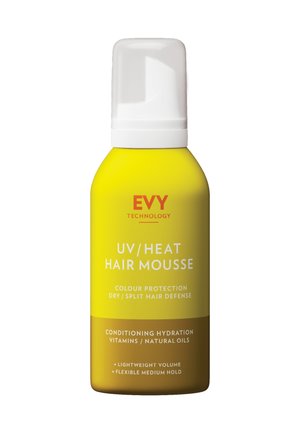 Gelbe Flasche mit EVY Technology UV/Heat Haarmousse, die Texte zu Farbschutz, Hydratation und Styling-Vorteilen enthält.