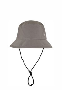 Gray bucket hat made of a durable fabric with a wide brim and a chin strap featuring an adjustable toggle for a secure fit.
