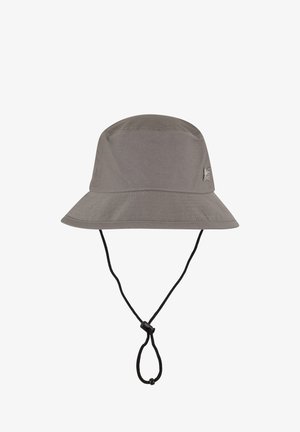 Hall hallitatud hall kaabu, mis on valmistatud vastupidavast kangast, laia äärega ja lõua rihmaga, millel on reguleeritav tõmblukk kindla sobivuse tagamiseks.