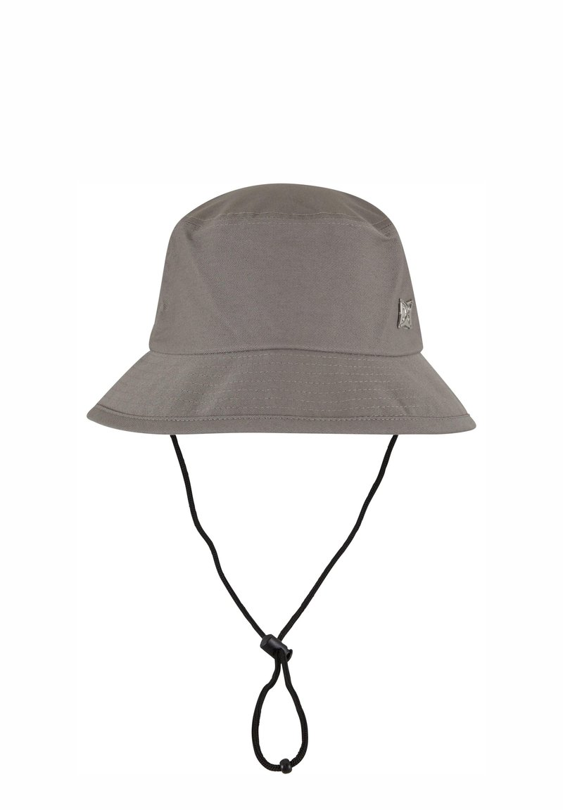 Gray bucket hat made of a durable fabric with a wide brim and a chin strap featuring an adjustable toggle for a secure fit.