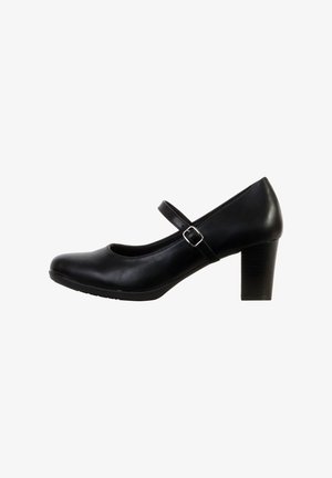 Zapato Mary Jane de cuero negro con tacón bloque de altura media y correa ajustable con hebilla, mostrado en perfil lateral sobre fondo blanco.