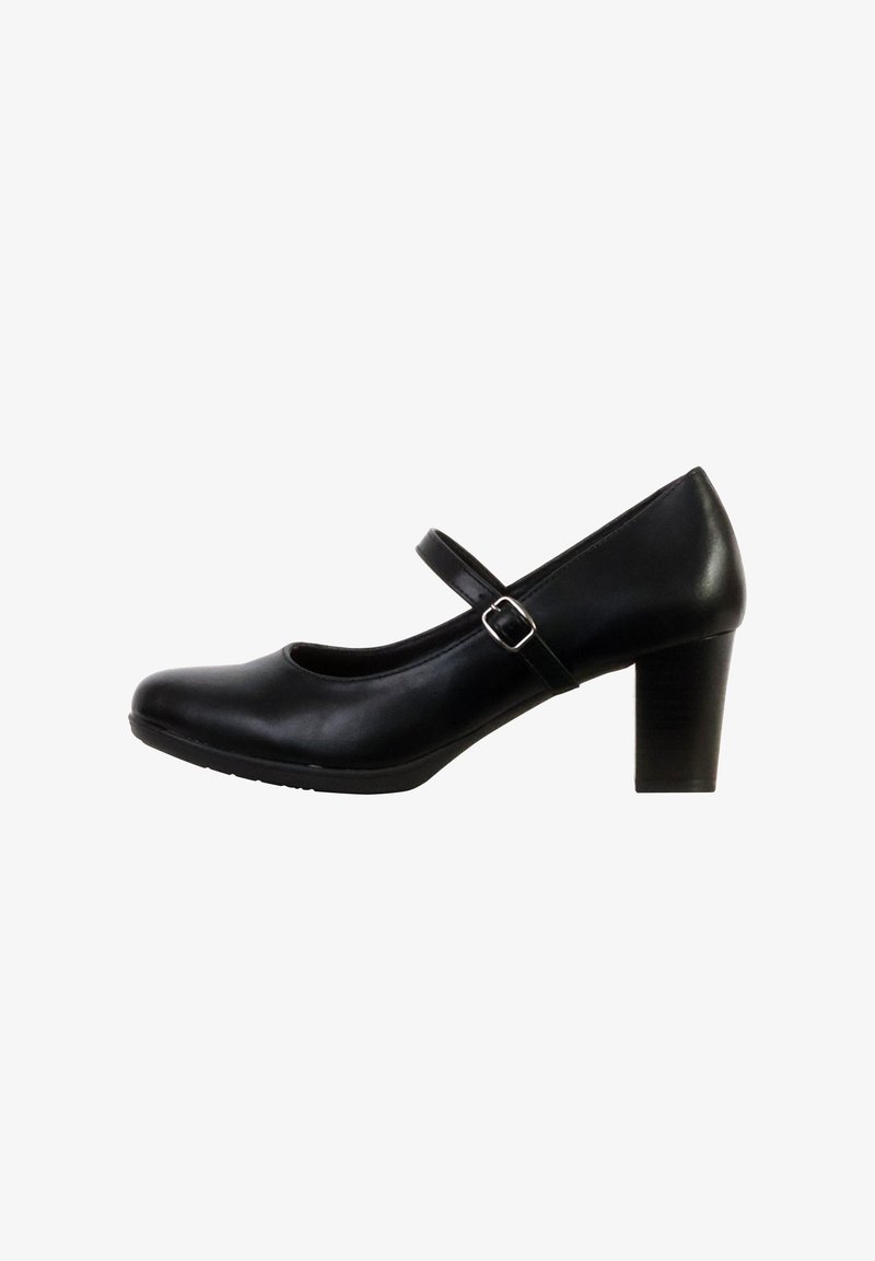 Chaussure Mary Jane en cuir noir avec talon bloc de hauteur moyenne et bride réglable avec boucle, montrée de profil sur fond blanc.