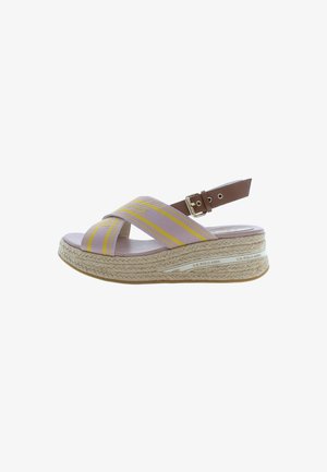 Strappy wedge sandals featuring a lilac and yellow striped fabric upper, brown adjustable buckle, and a textured jute-wrapped sole.