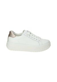 White leather sneakers with a textured finish, rounded shape, light platform sole, and metallic rose gold accent at the heel.