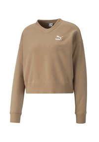 Sudadera corta marrón con cuello en V y mangas largas. Presenta un logotipo blanco de Puma en el lado izquierdo del pecho y puños y dobladillo acanalados.