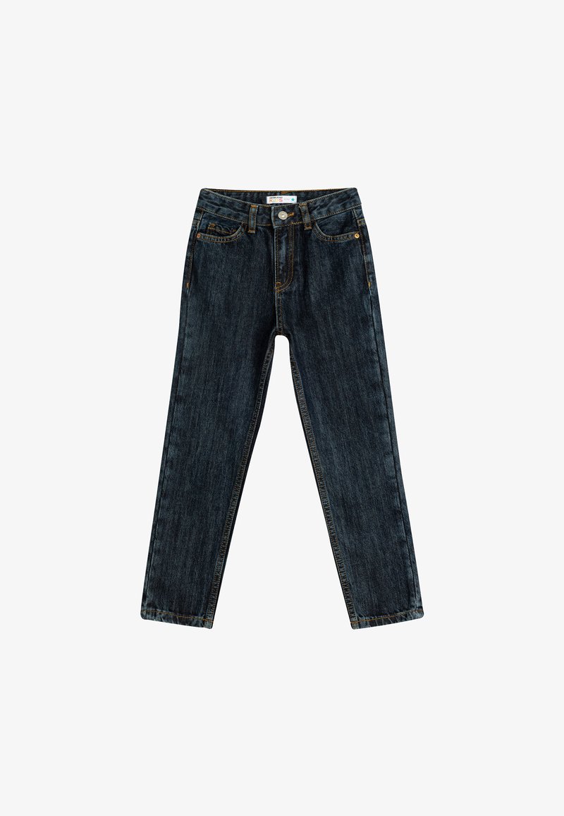 Tummansiniset farkut, joissa on suora lahje, viisi-taskinen tyyli ja vaaleanruskeat ompeleet. Varustettu edessä napilla ja vetoketjulla.