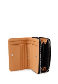 Brown leather wallet with a zip closure and black accents, featuring multiple card slots and a compartment for cash or coins.