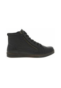 Bottines noires avec un dessus en cuir lisse, bout arrondi, système de laçage à l'avant et fermeture éclair sur le côté. Semelle en caoutchouc texturé avec des accents marron.