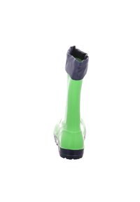 Groene waterdichte rubberlaars met een donkergrijze opgerolde kraag, voorzien van een gestructureerde zool en een gladde afwerking. Ontworpen voor buitengebruik.