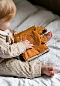 Soft fabric book with a brown, plush bear face. Features a textured paw, embroidered text, and a fabric loop for handling.